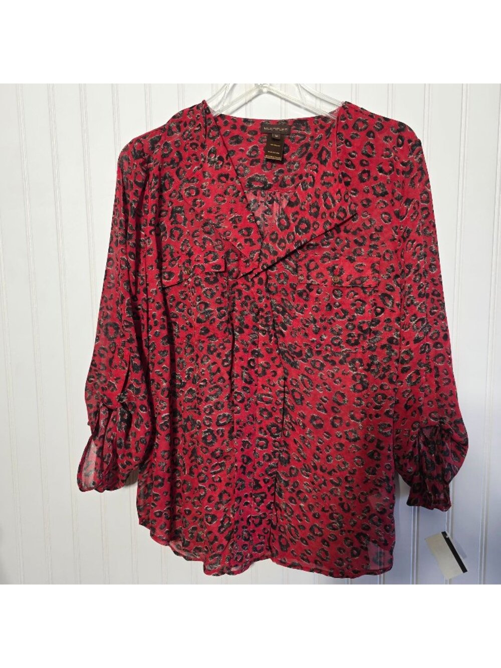 Multiples Leopard Print Sheer Blouse M Red Chiffon Vamp Goth Artsy Mob Wife New